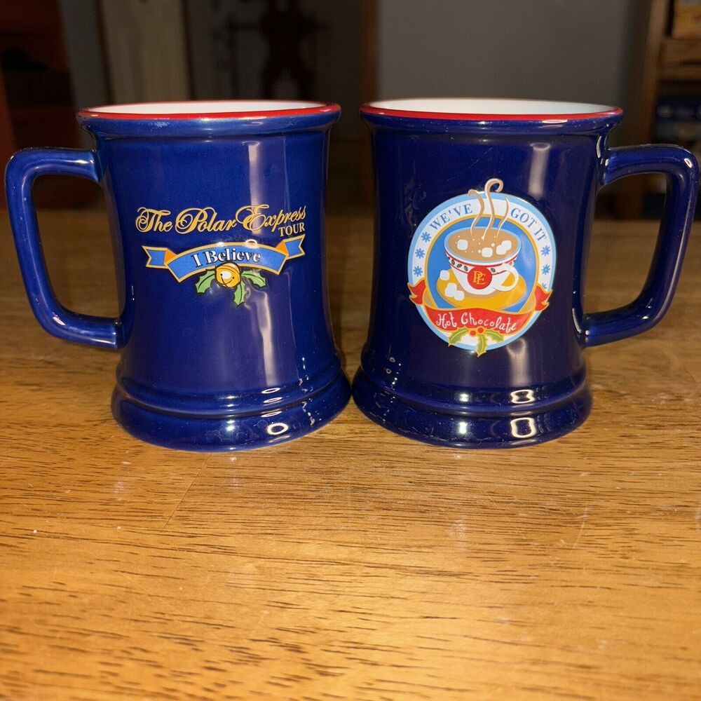 "THE POLAR EXPRESS" Set of 2 Hot Cocoa Coffee Tea Mugs Warner Brothers EUC